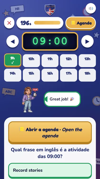 Tela do My Day: relógio digital às 9h, agenda e frase certa em inglês marcada em verde