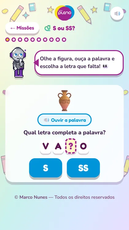 Tela do Jogo de Ortografia: mascote Plenix, figura de um vaso e a escolha entre S e SS